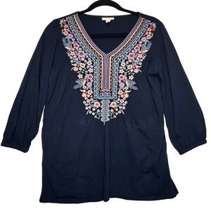 J. Jill Navy Blue Embroidered Floral V-Neck Tunic Top XS Cotton Modal 3/4 Sleeve